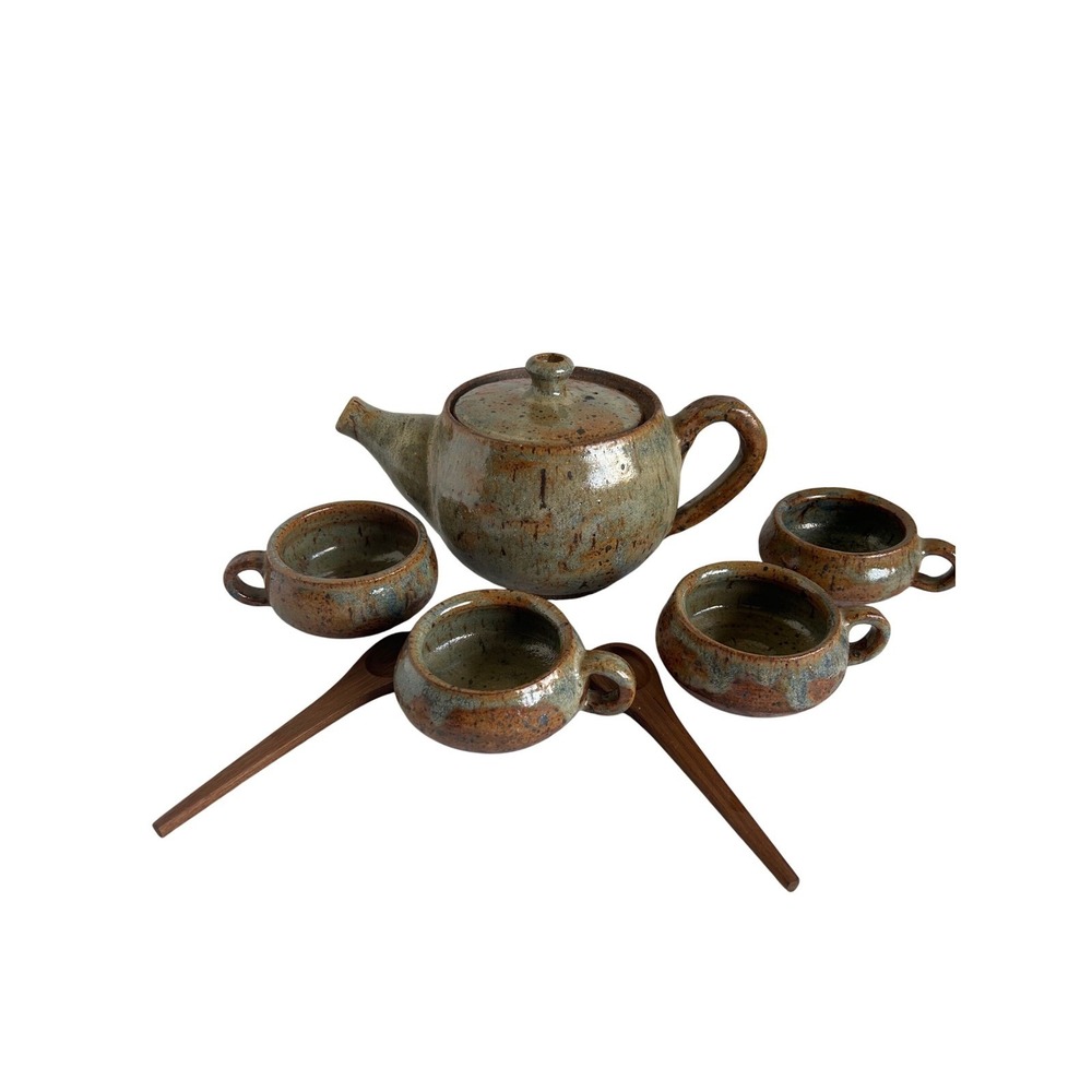 Studio Pottery Ceramic Vintage Teapot Set w/‎ 4 Cups & Spoons Handcrafted Glazed